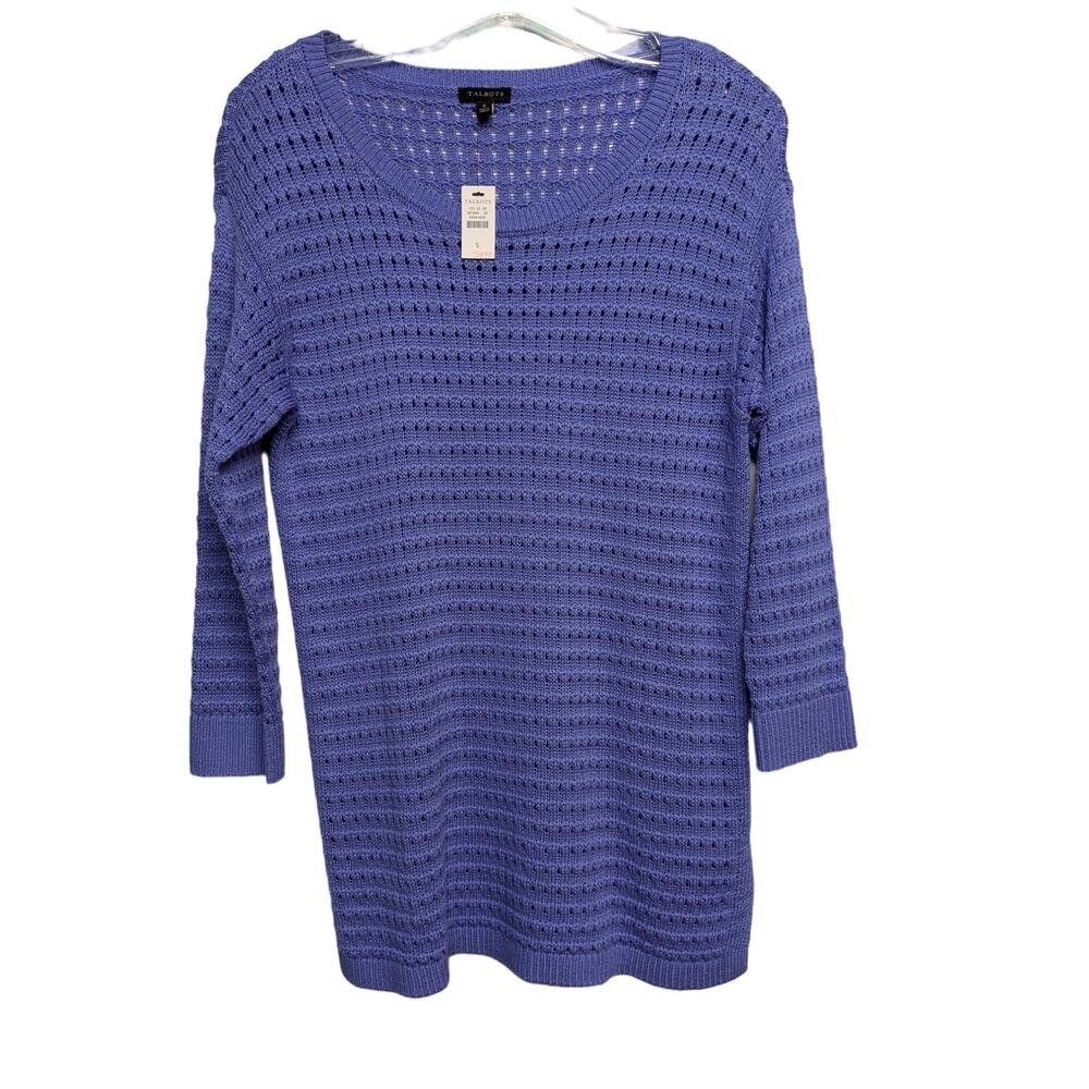 Talbots Womens Size Small Loose Knit Sweater Blue 3/4 Sleeve Tunic Crew Neck NWT
